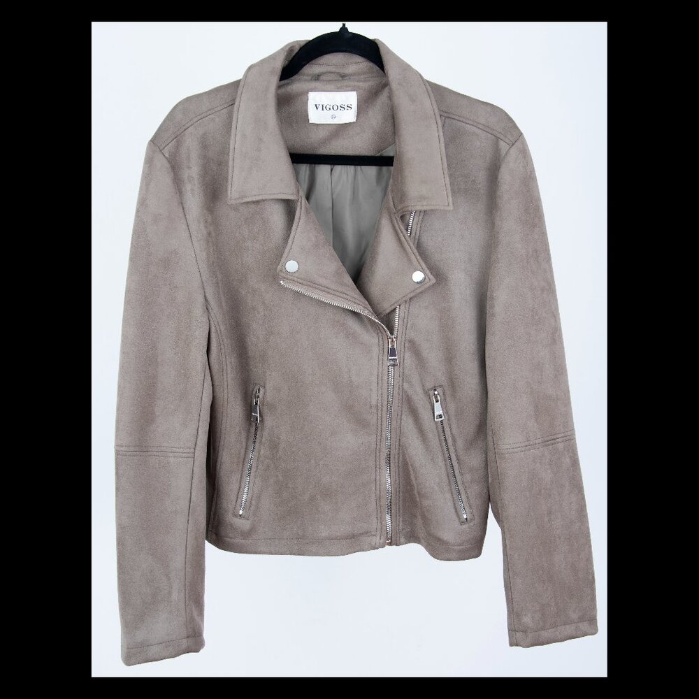Vigoss Womens Taupe Brown Asymmetrical Zip Faux Suede Jacket XL EUC